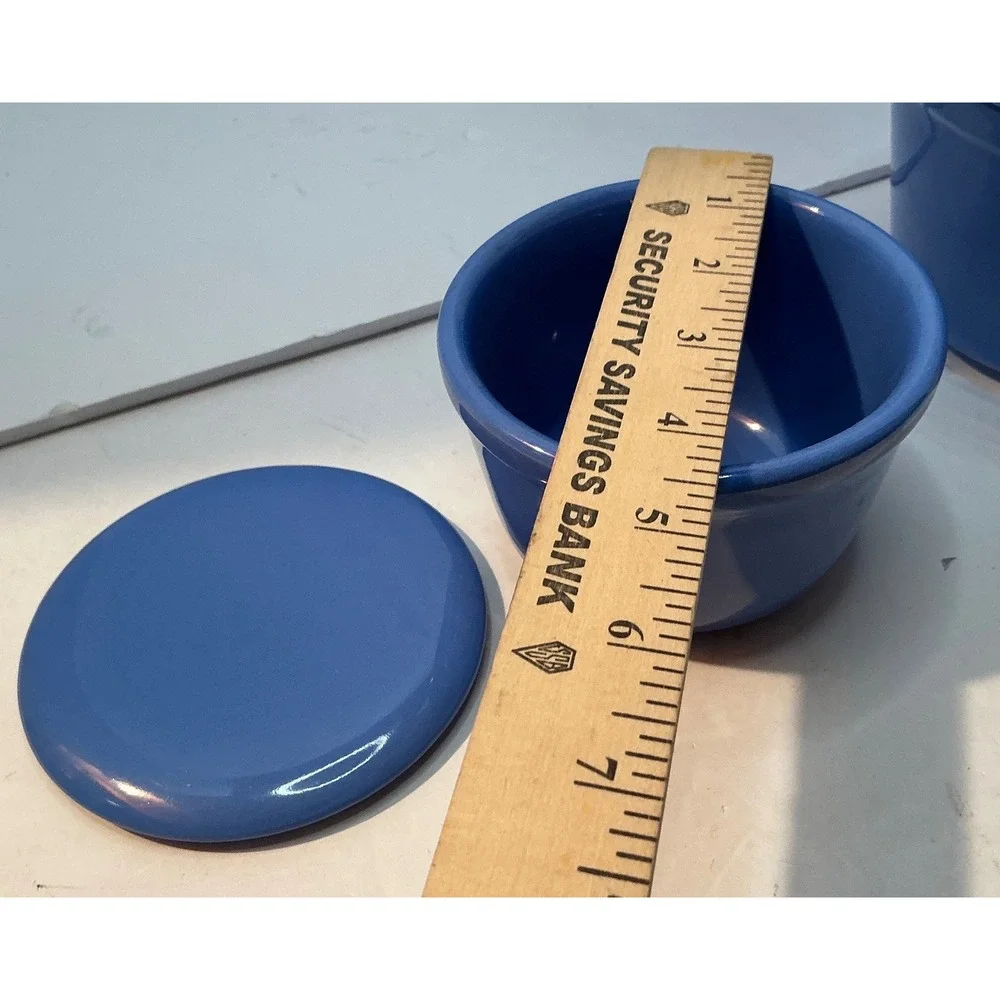 Vintage Blue Ceramic Pitcher and Lidded Bowls Set Kitchenware 3pc